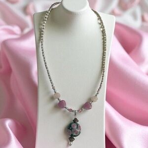 Artisan Venetian Glass Beaded Necklace with Floral Pendant